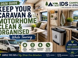 Caravan and motorhome interior clean and organised while touring with storage ideas and collapsible bin IDS Camping and Leisure