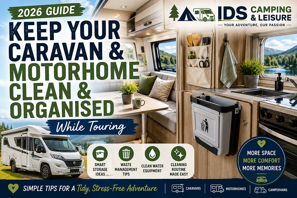 Caravan and motorhome interior clean and organised while touring with storage ideas and collapsible bin IDS Camping and Leisure