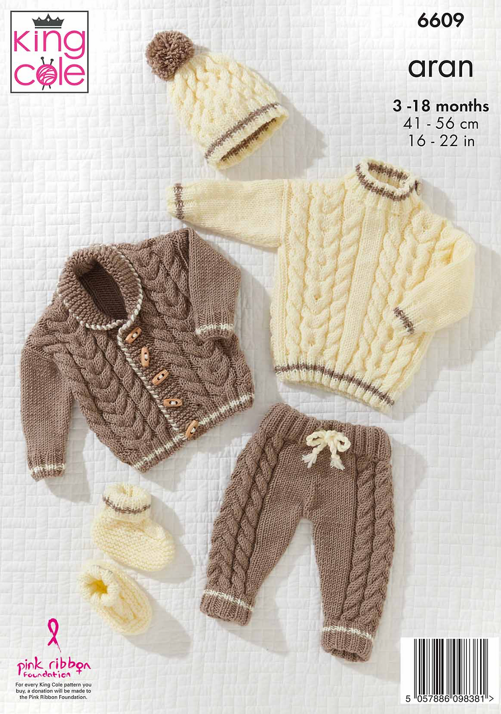 King Cole 6609 Baby Aran Knitting Pattern Jacket, Sweater, Trousers,Hat, Bootees