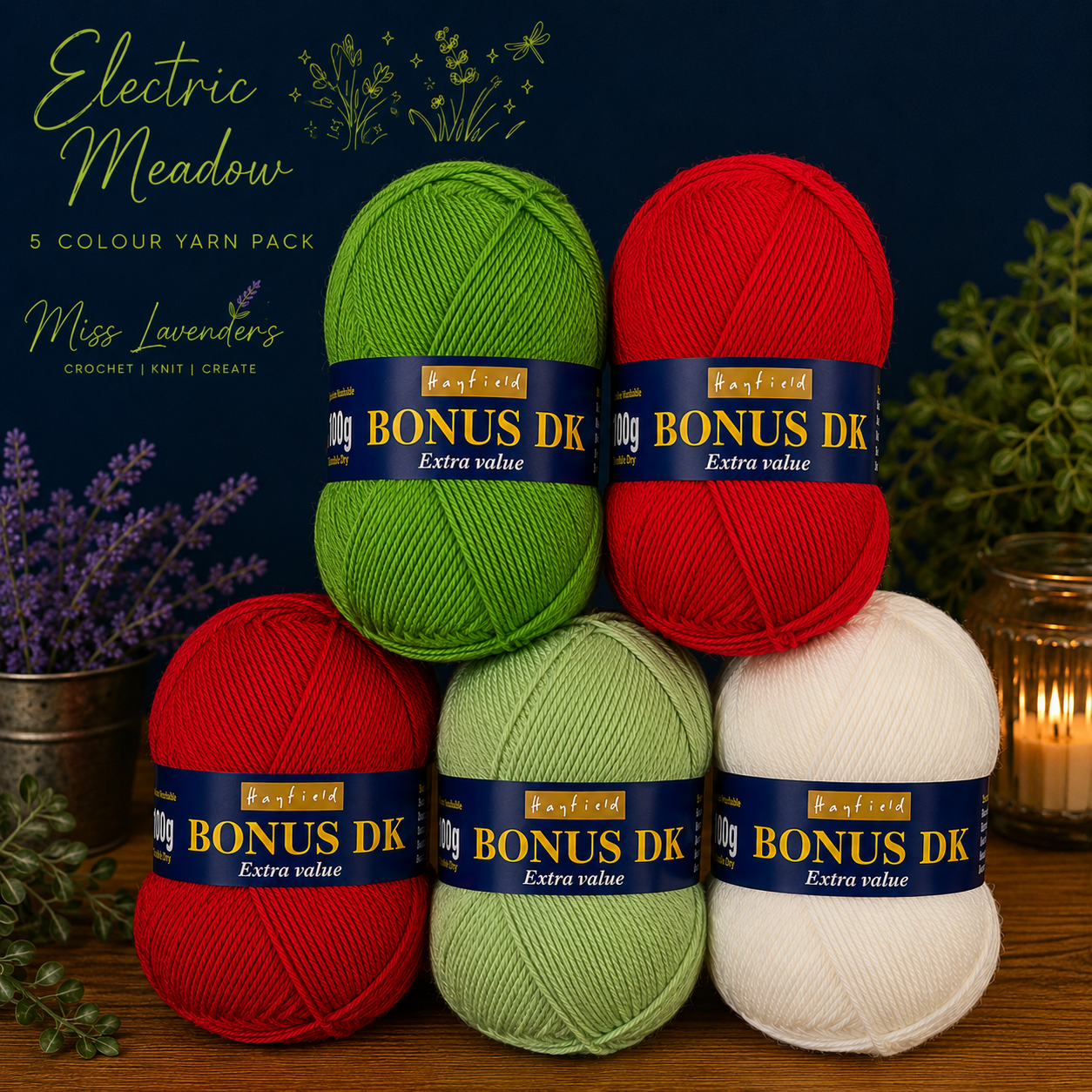 Hayfield Bonus DK - Yarn Pack - 'Electric Meadow' - 5 x Double Knit 100g Balls