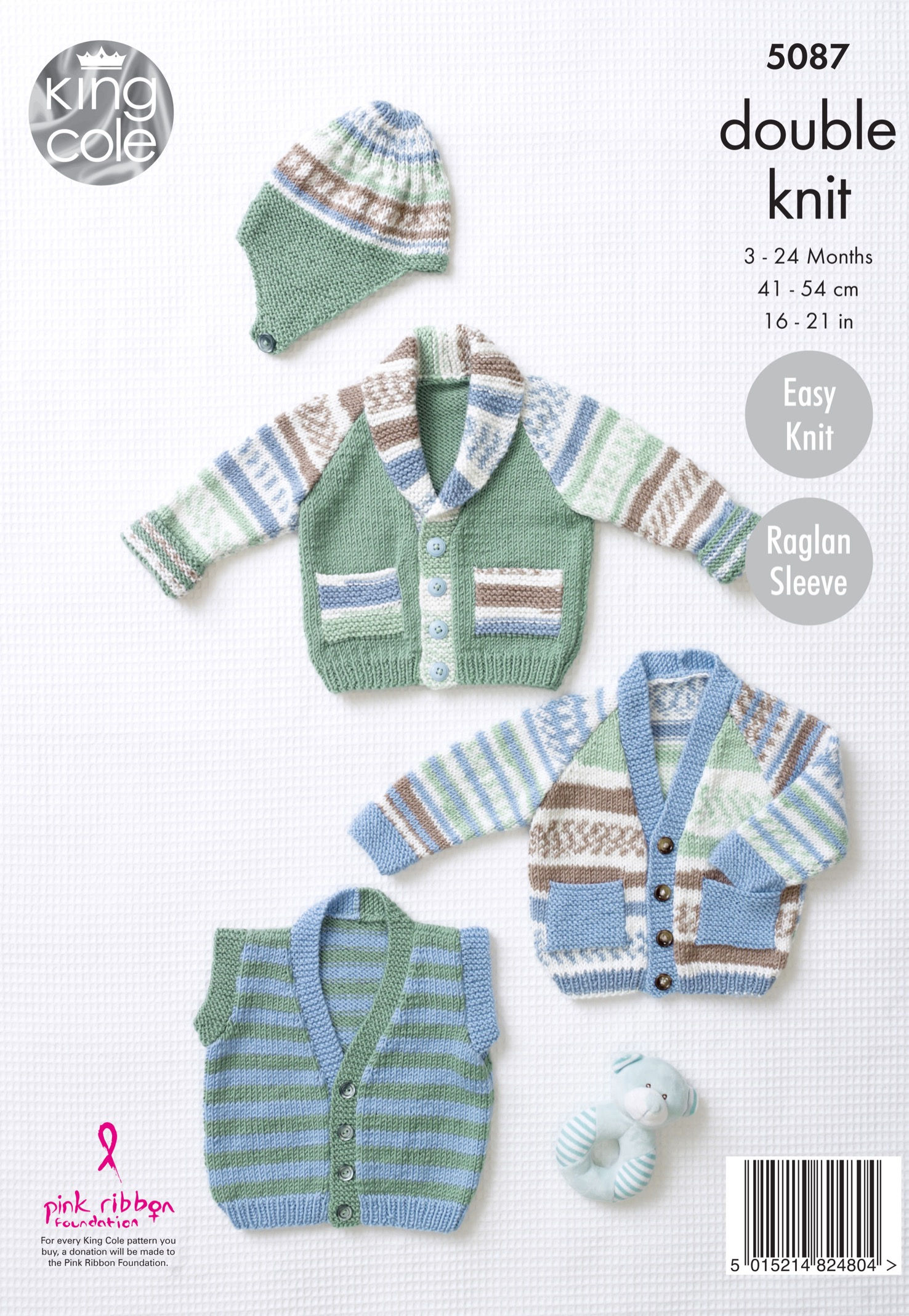 5087 King Cole Babies Raglan Cardigans, Waistcoat and Hat - Double Knit