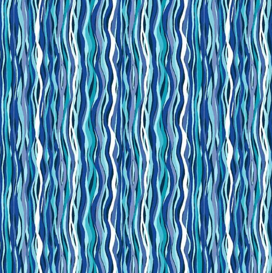 Makower Deep Blue Sea Cotton Fabric - Wave Stripe  Light Blue Quilting Fabric