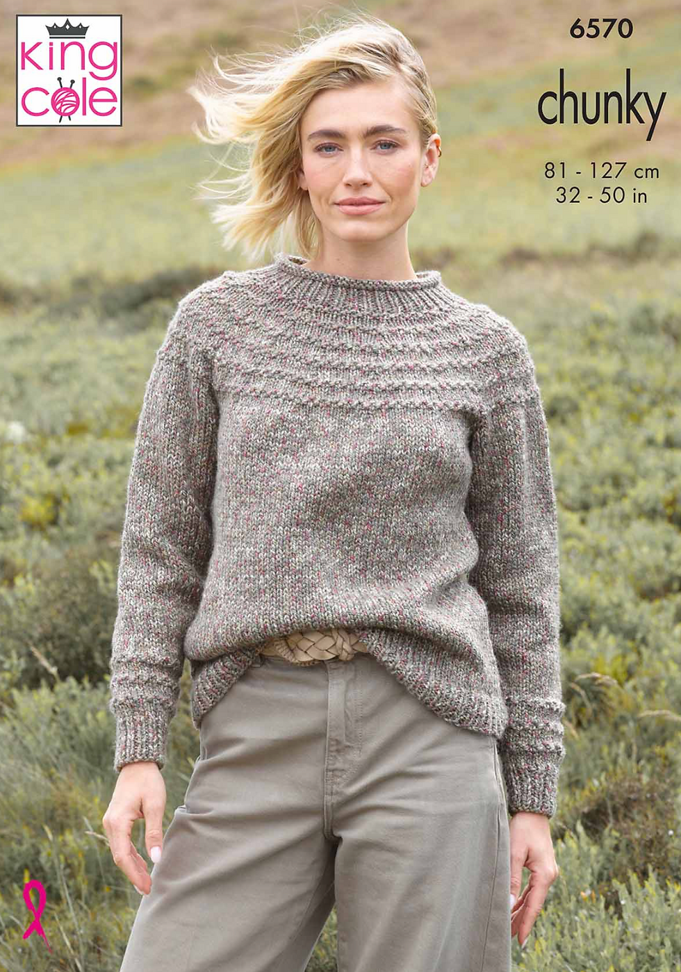 6570 King Cole Ladies Sweater and Cardigan Knitting Pattern in Chunky – Leaflet