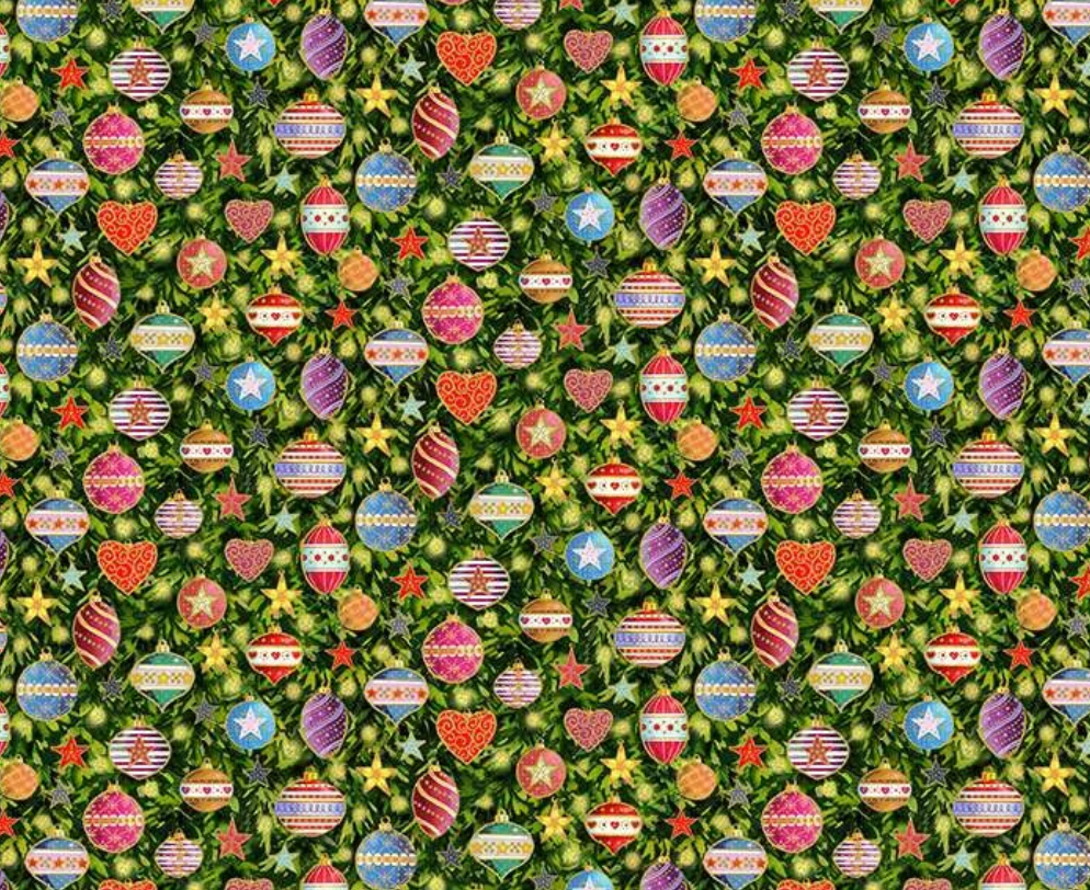 Makower Christmas Jolly Baubles Fabric Green