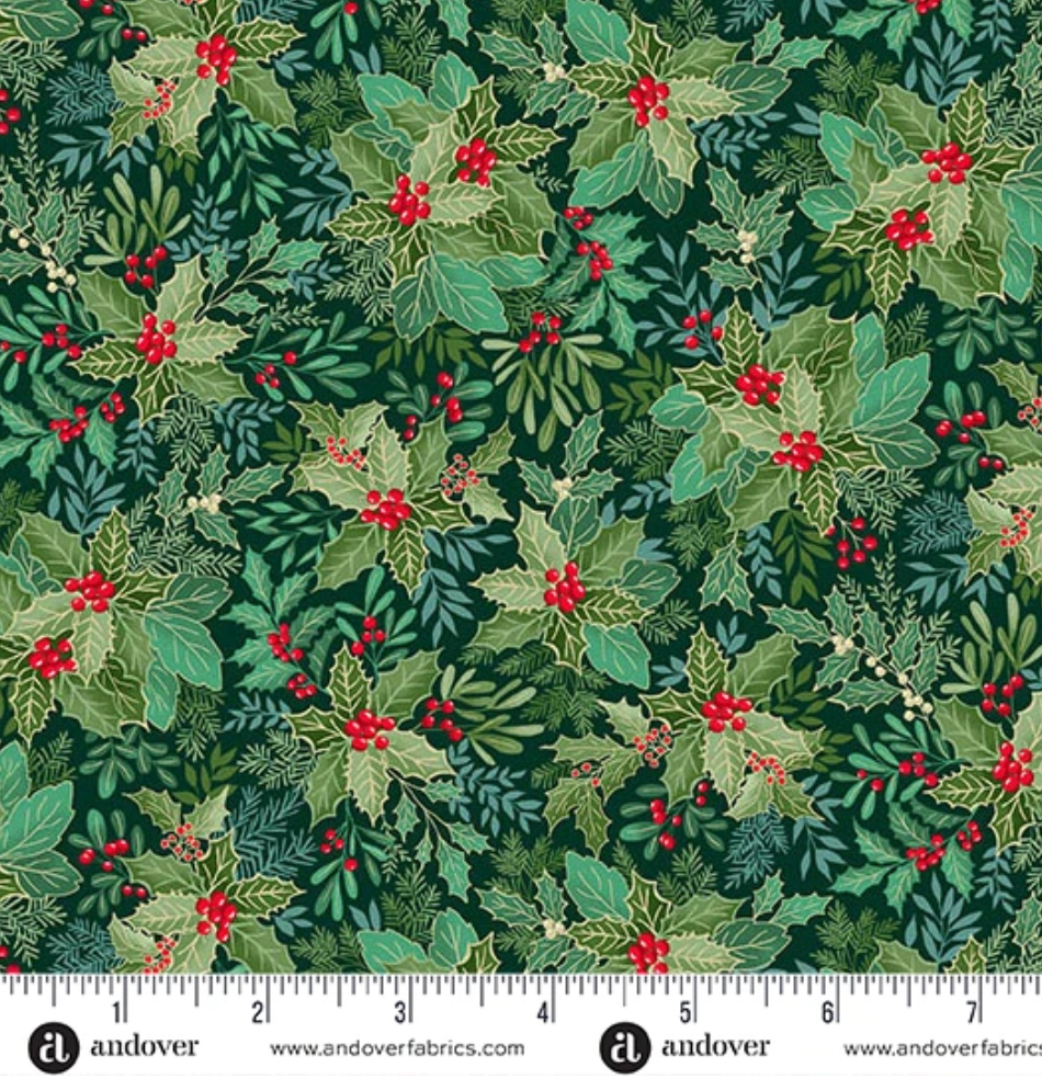 Makower Christmas Good Tidings Holly Bush Green and Red Cotton Fabric