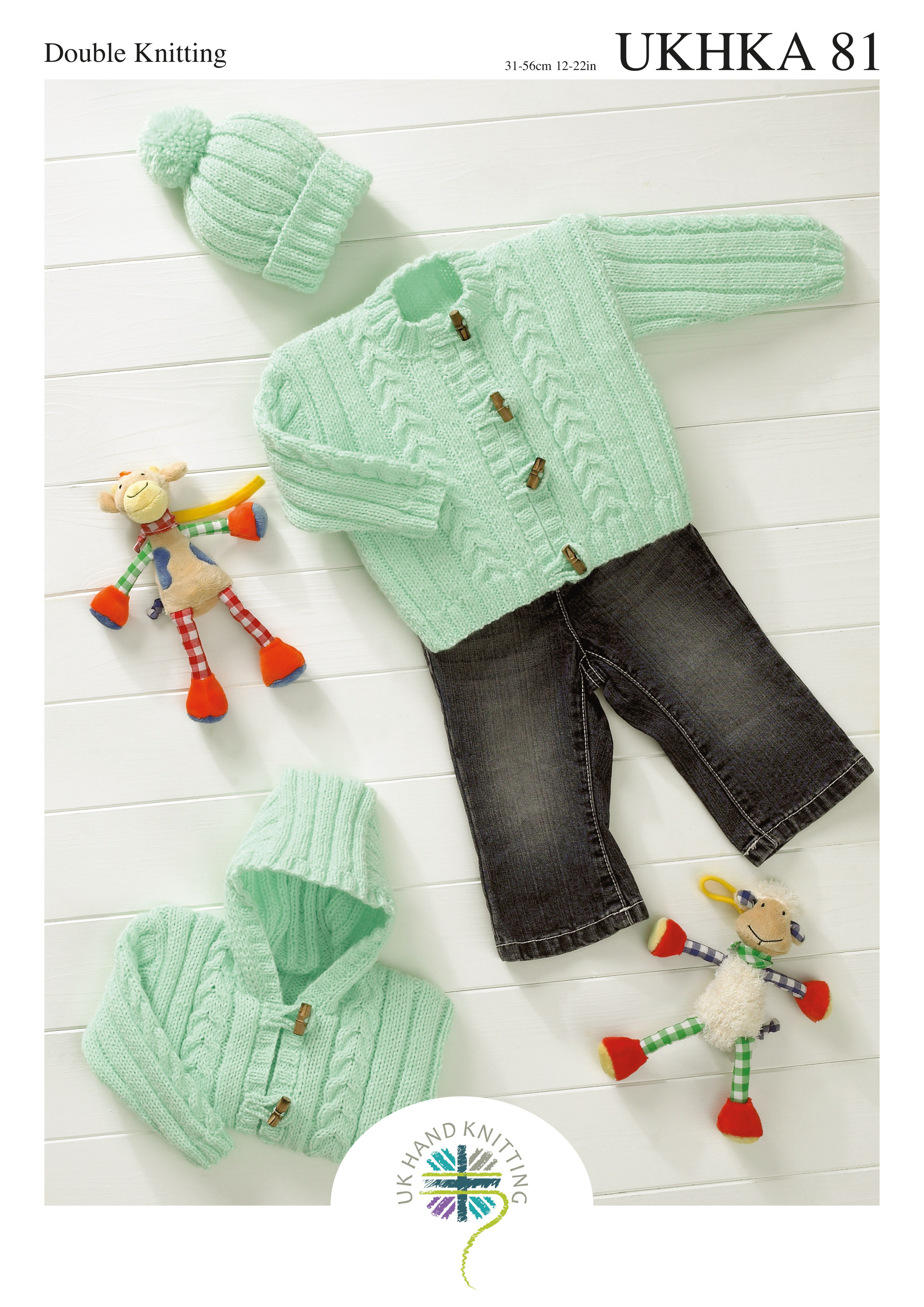 UKHKA 81 Double Knit Baby Hooded Jacket, Round neck Cardigan and Hat - DK