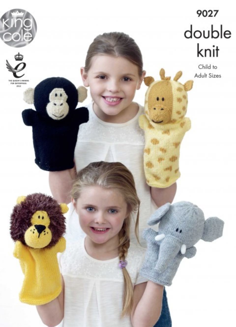 King Cole Animal Hand Puppets Monkey, Lion, Giraffe, Elephant- Double Knit 9027