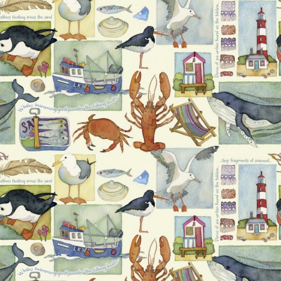 Thumbnail: Emma Ball Coastal Collection Cotton Fabric - Puffins, Beach Huts, Lobster/Crabs