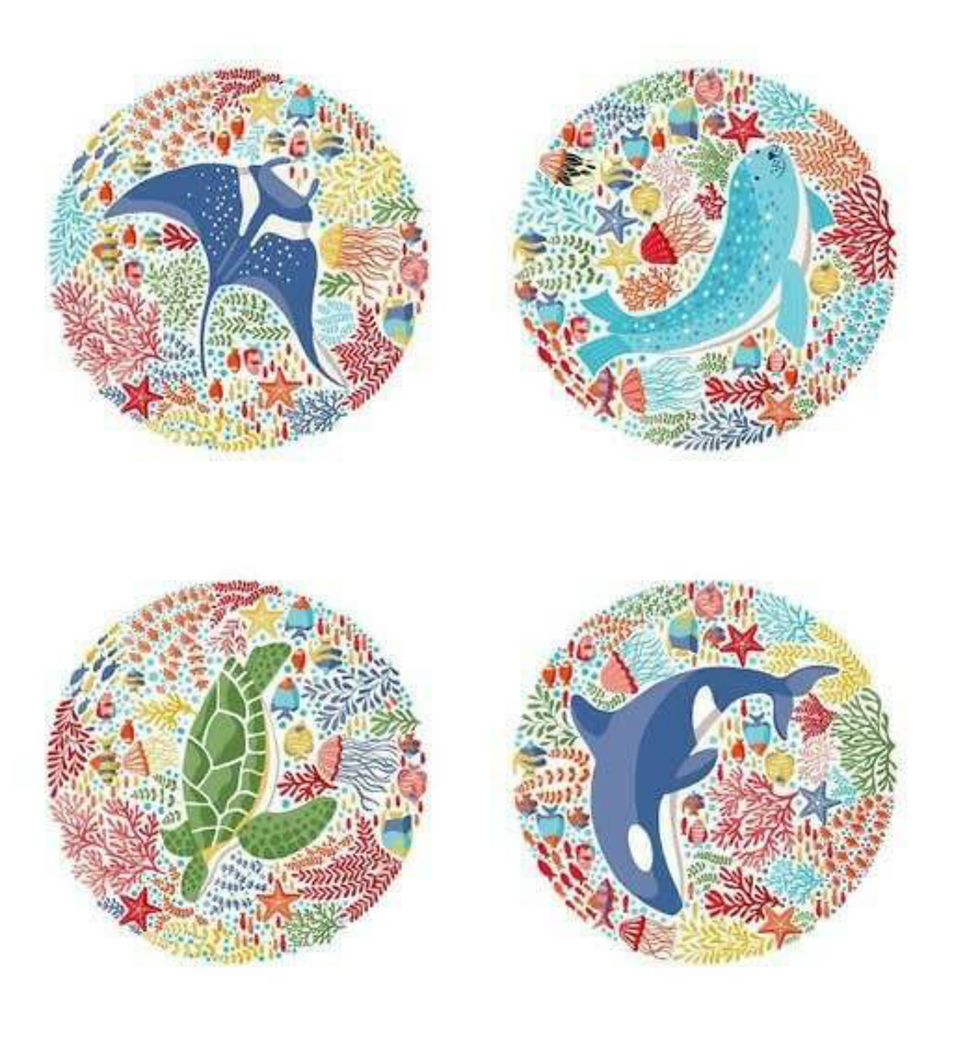 Makower Deep Blue Sea Fabric Panel  White Background features Sea Creatures
