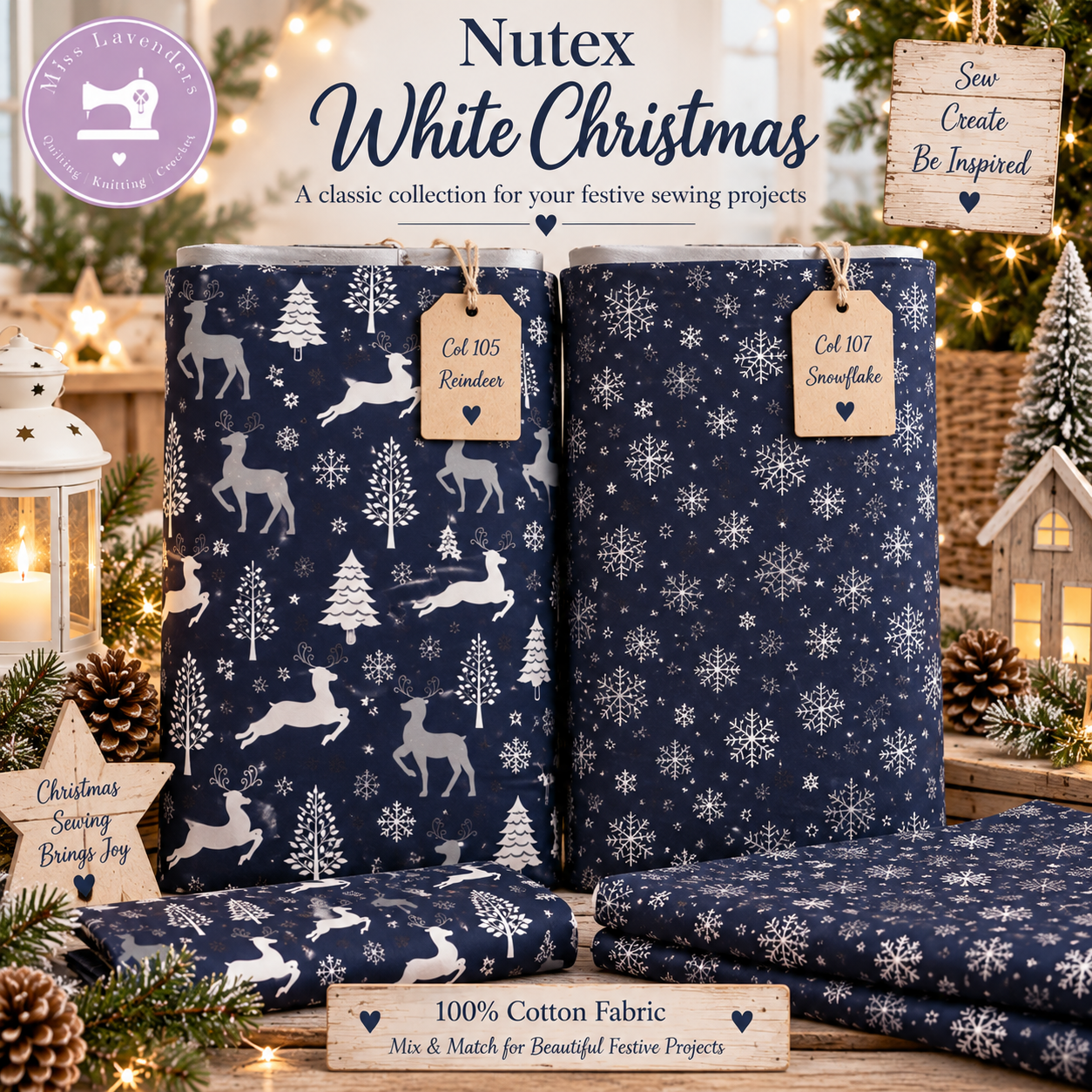 Nutex White Christmas Navy and Silver Snowflakes and Reindeer Cotton Fabric