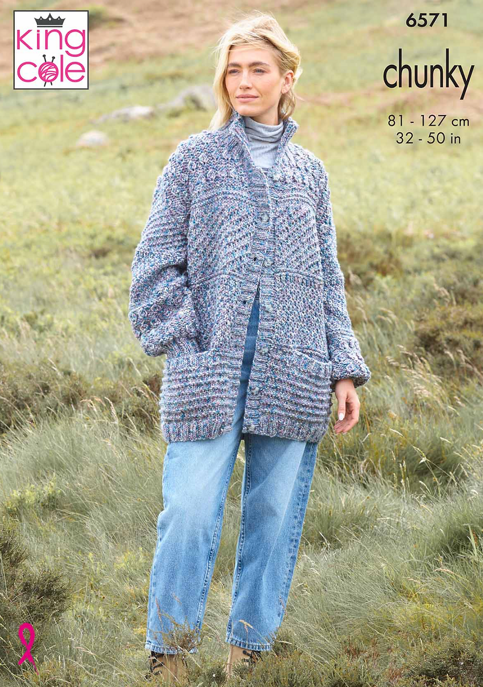 6571 King Cole Ladies Long Jacket & Cardigan Knitting Pattern in Chunky – Printed Leaflet