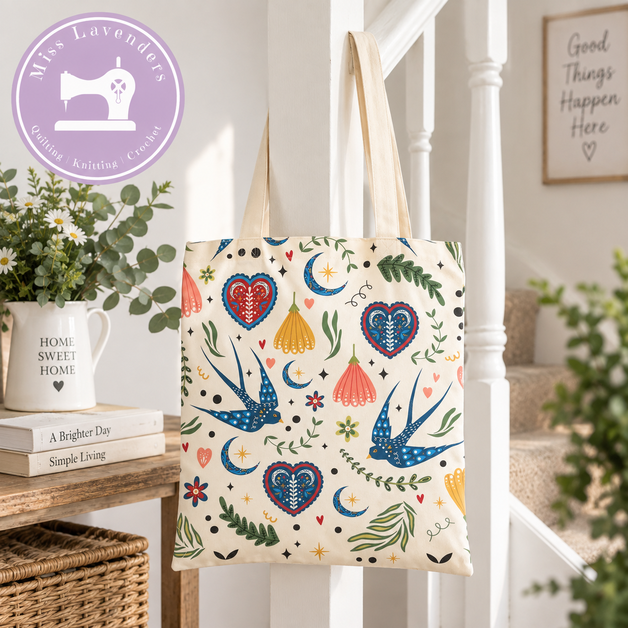 Cream Folk Print Tote Bag - Midnight Bloom - Ideal Gift
