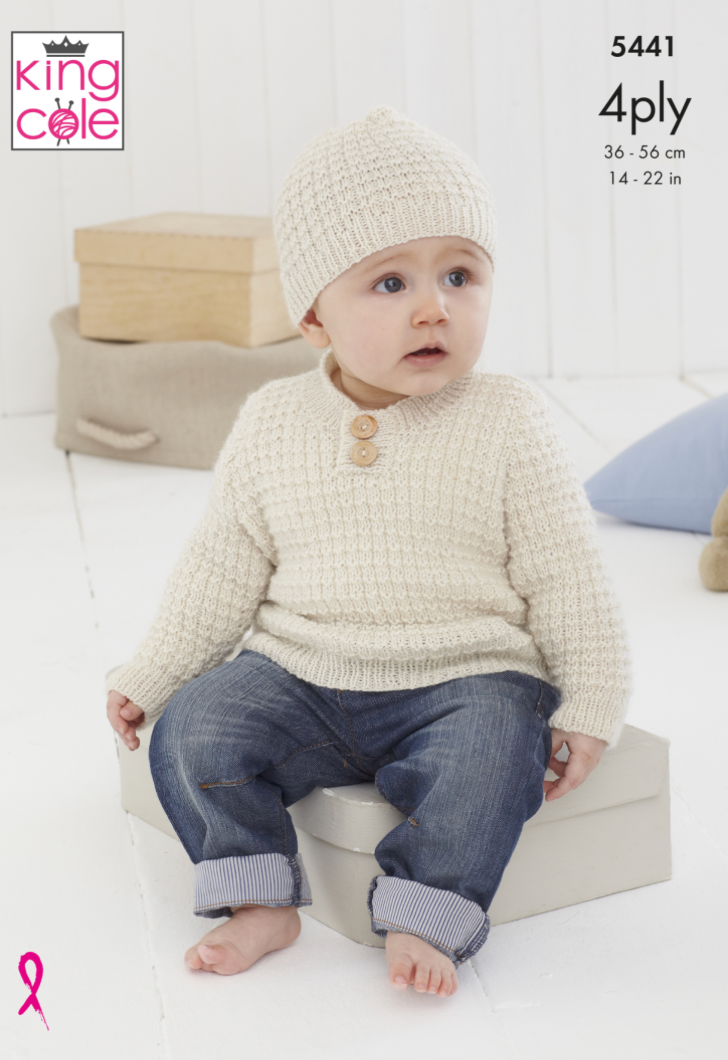 5441 - King Cole Babies Sweater, Slipover and Hat 4 PLY