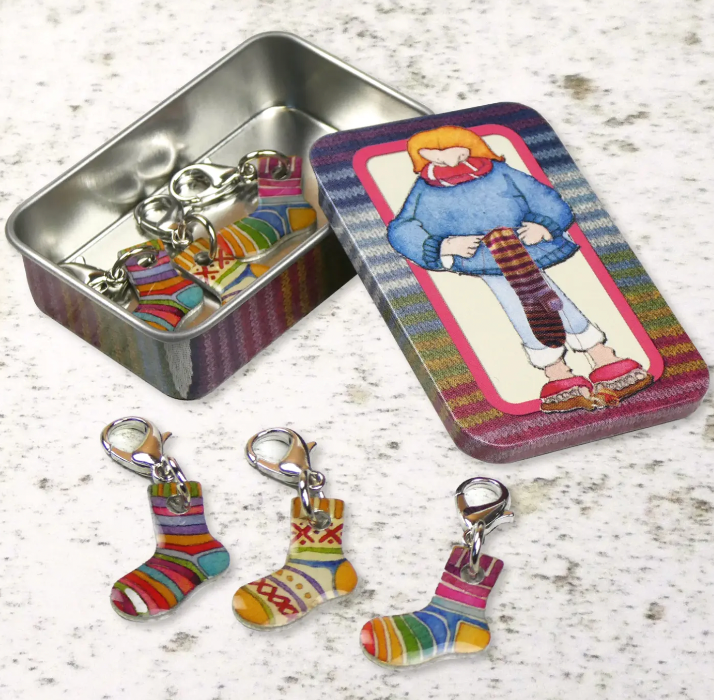 Emma Ball Sock Shape Crochet Stitch Markers in a Cute Pocket Tin