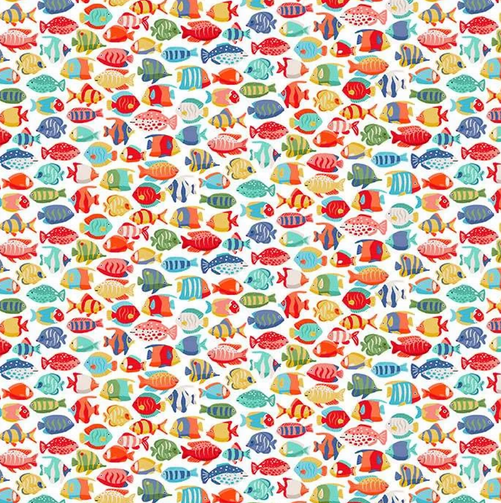 Makower Deep Blue Sea Cotton Fabric - Sea Fish Shoal White Background 139/C