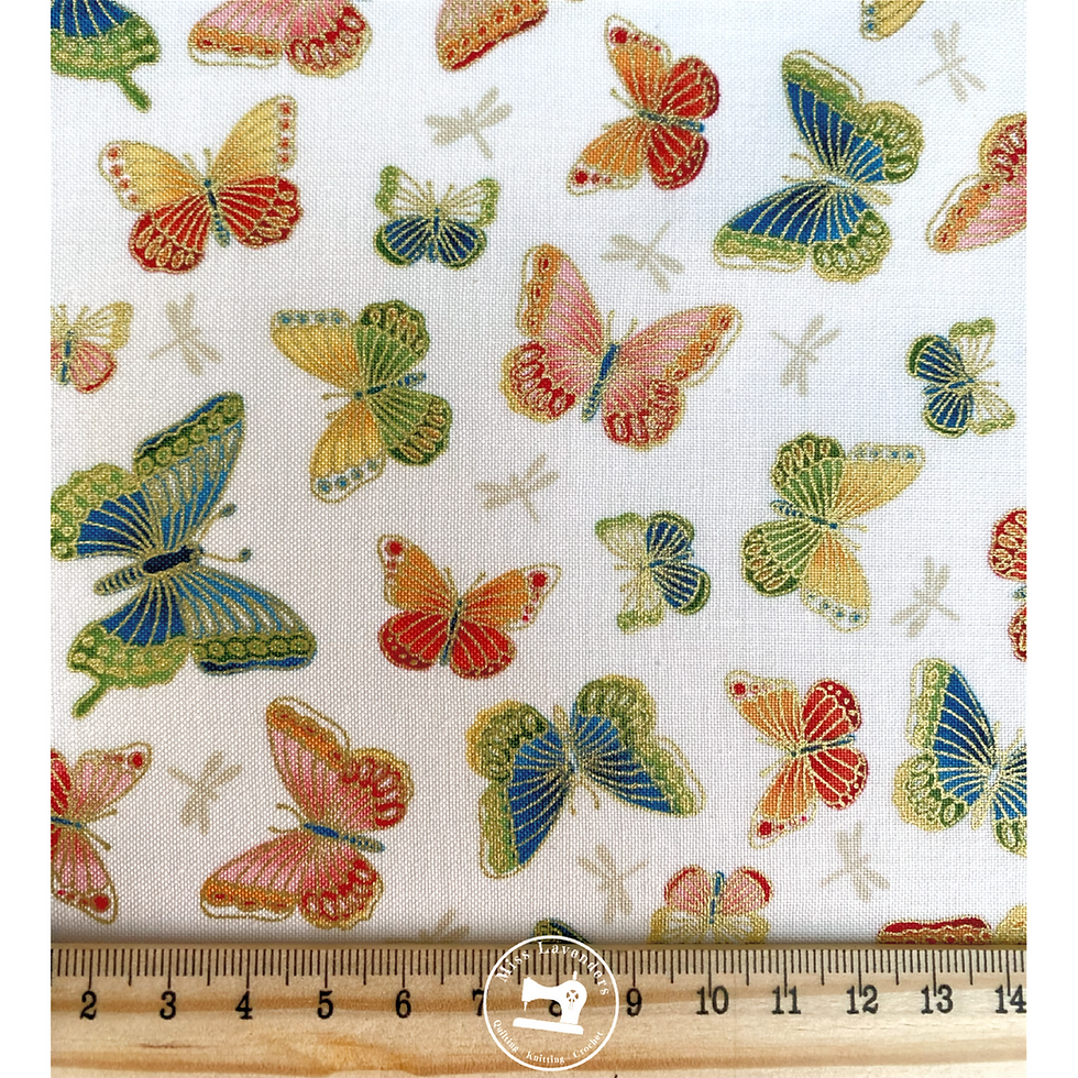 Makower Michiko Butterflies Fabric - Cream, butterfly, gold effect, metallic