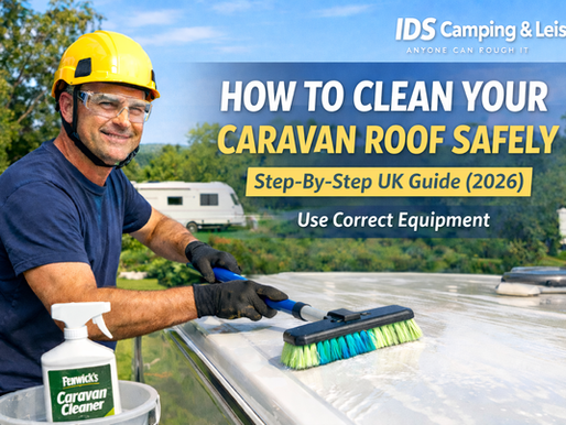How to clean a caravan roof safely using proper equipment on a campsite with IDS Camping and Leisure branding