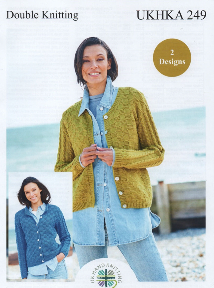 UKHKA 249 - Adults Knitting Patterns Cardigans 2 Designs - Double Knit collared cardigan