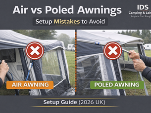 Air vs poled caravan awnings comparison showing setup mistakes and correct pitching on a UK campsite