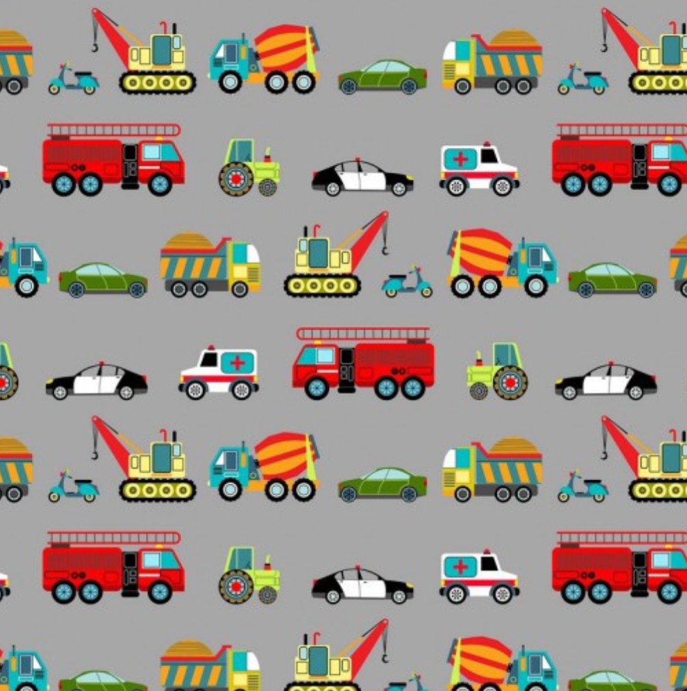 Around Town Traffic Vehicles Grey Fabric - 100% Cotton