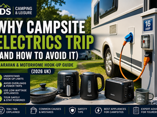 Caravan connected to a campsite electric hook-up with low wattage appliances and touring cooking equipment on a UK campsite