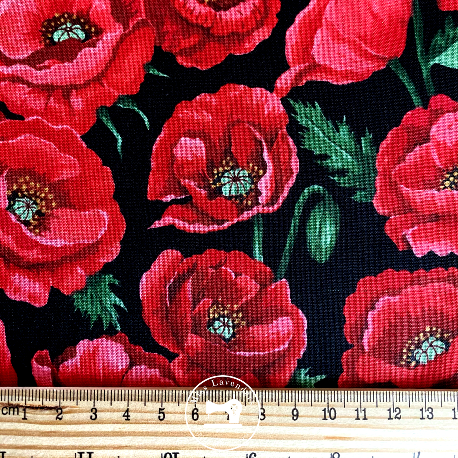 Poppy Fabric - Large Red Poppies Black