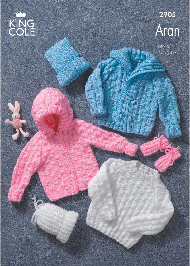 King Cole Babies Childrens Cardigans, Sweater, Hats and Mittens - Aran 2905