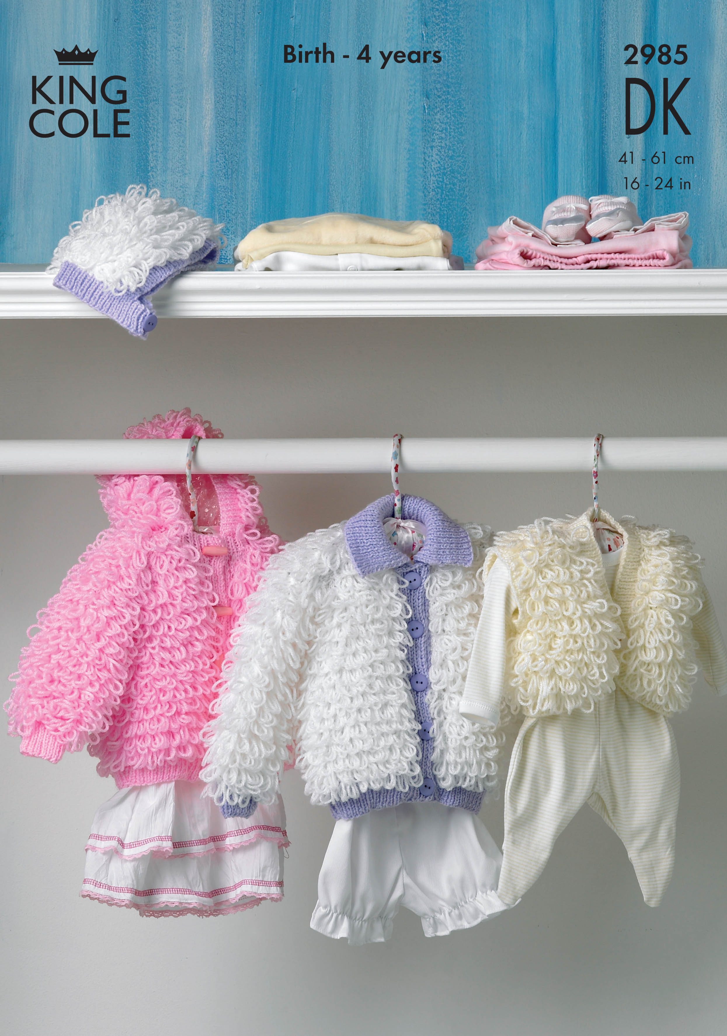 2985 King Cole Babies Childrens Loop Jackets, Newborn baby Bolero and Hat - Double Knit