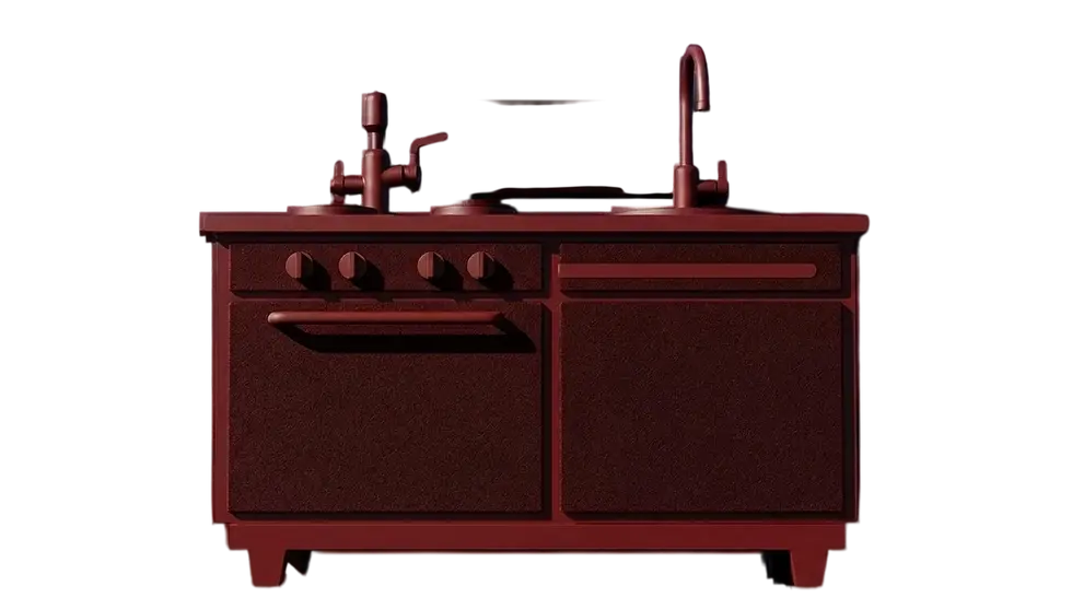 3D render of a dark red kitchen unit against a black background. The minimalist design features a stove, oven, sink, and faucet, highlighted by dramatic lighting.