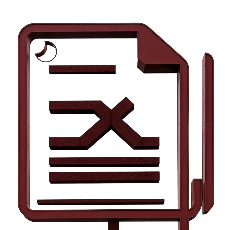 3D rendered icon of a Microsoft Excel spreadsheet displaying the 'X' logo. The dark red graphic has a metallic sheen.