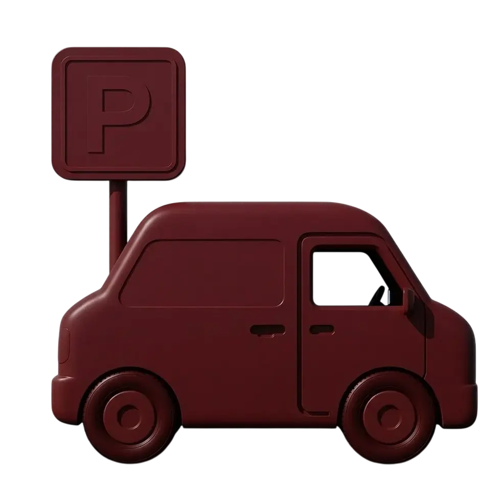 3D render of a stylized red van with a parking sign. Minimalist design for delivery or parking services.