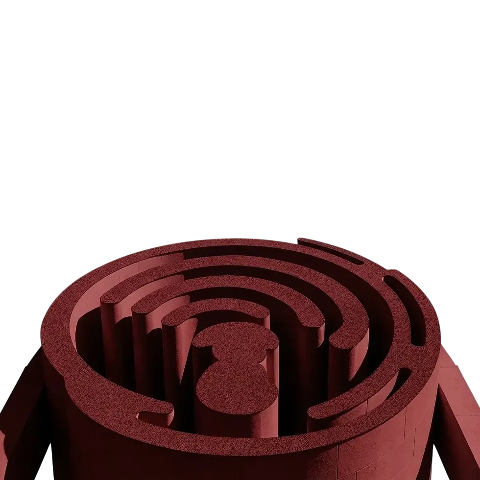 3D render of a circular maze. The labyrinth has a dark, slightly textured surface against a black background.