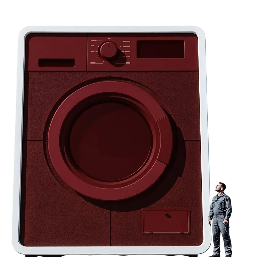 Digital illustration of an oversized dark red washing machine with a white border. A small figure stands beside it, emphasizing its monumental scale.