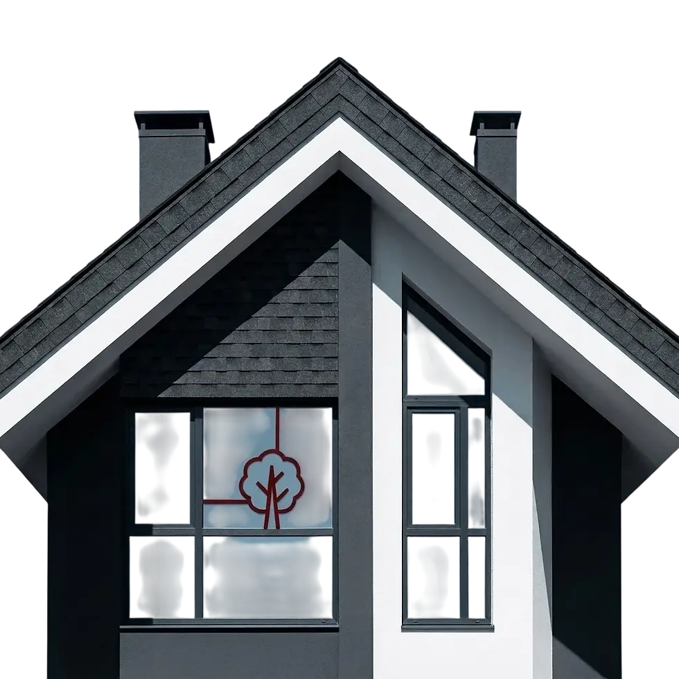 Digital illustration of a modern house facade with a glowing tree icon on a window. The graphic suggests smart home technology or environmental integration.