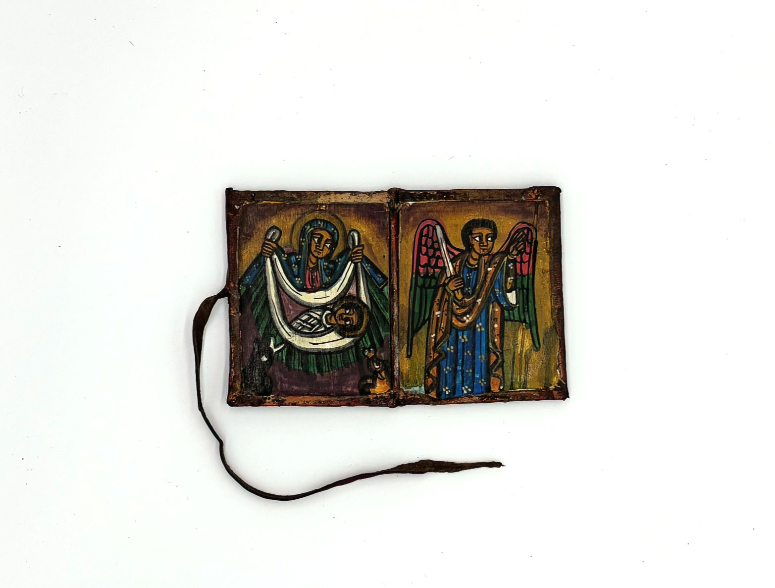 Virgin Mary with baby in swaddling clothes and Archangel Michael