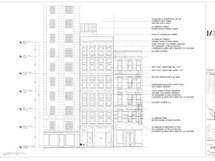 Architectural blueprint featuring a building's front elevation. Includes measurements, material notes, and a detailed line drawing of facade elements.