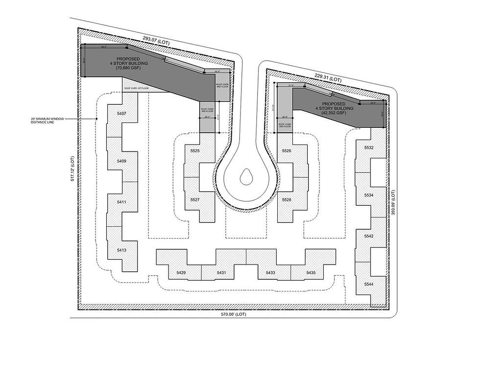 Strategic site plan illustrating infill development within an existing garden apartment complex. Meltzer Mandl placed two new 4-story buildings—totaling over 113,000 GSF—within tight constraints while preserving tenant access, daylight, and circulation.