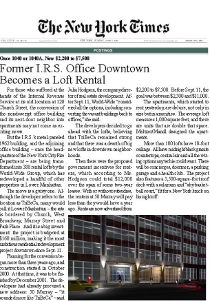 New York Times classifieds page with headline about former I.R.S. office downtown becoming loft rental, plus building photo.