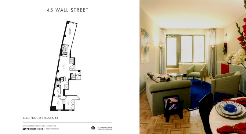 Floor plan labeled 45 Wall Street, Apartment 22, beside a bright living room with green chairs, blue rug, and window.