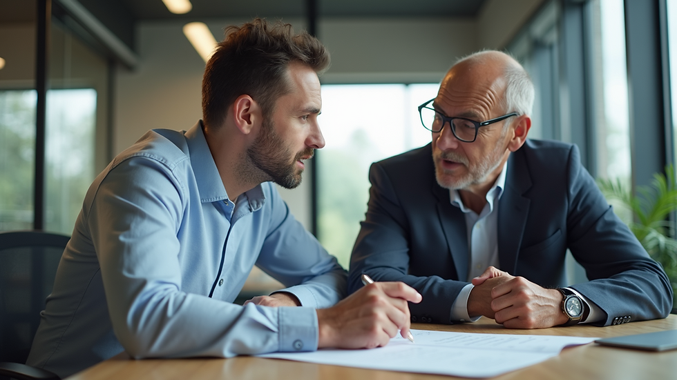 Eye-level view of a mentor and entrepreneur discussing business plans in a modern office