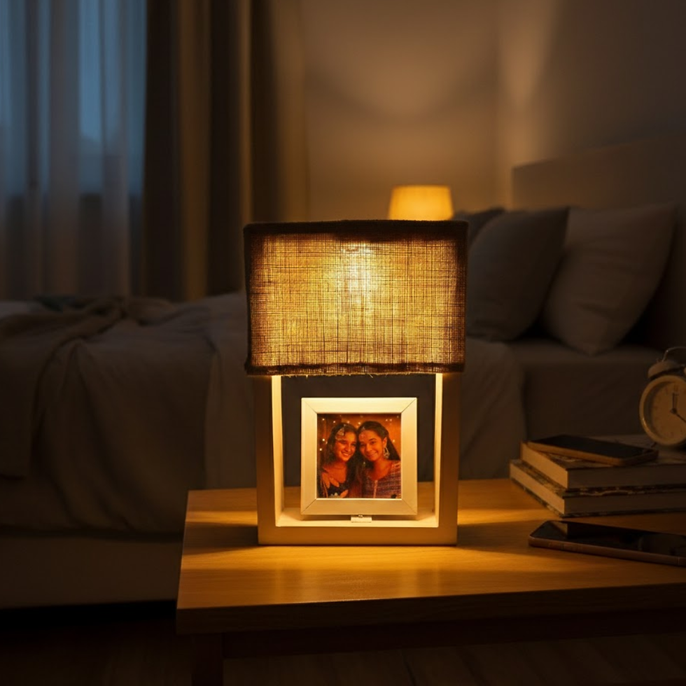 Thumbnail: Personalized Photo Frame Lamp with Dual Jute Shades