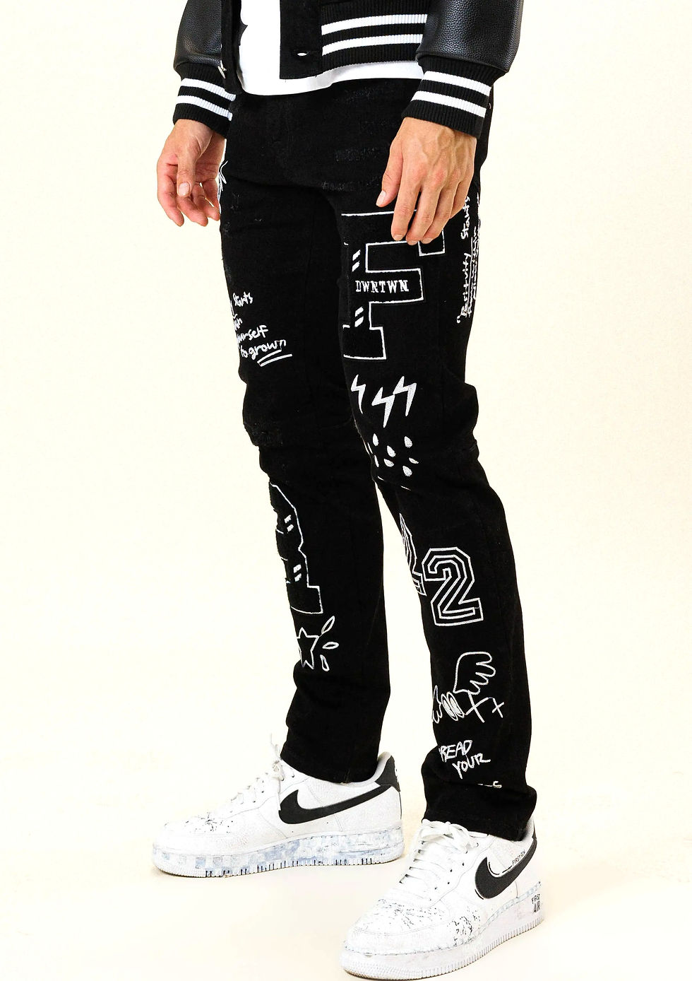 Thumbnail: Multi Patch Varsity Black Denim Jacket w/Matching Silm Fit Pants