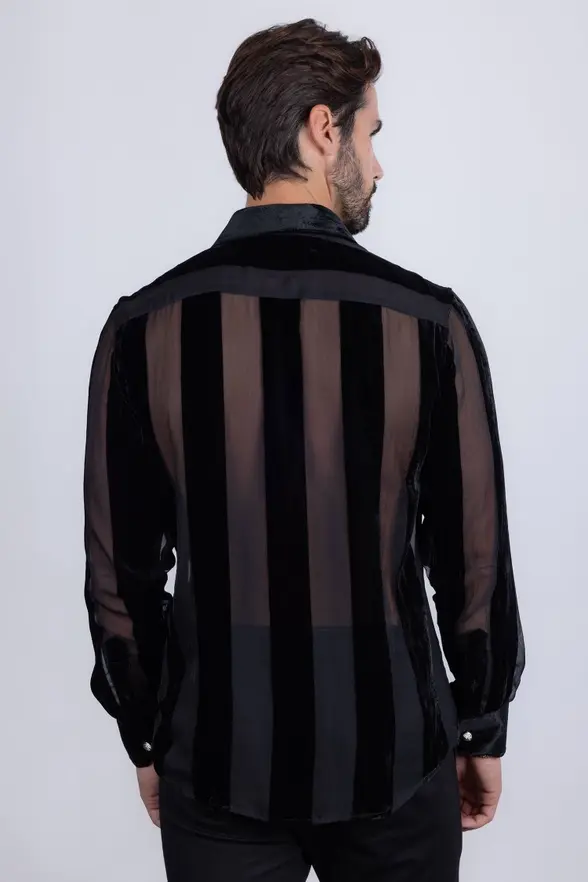 Thumbnail: Men's See Through Velvet Long Sleeve Shirts
