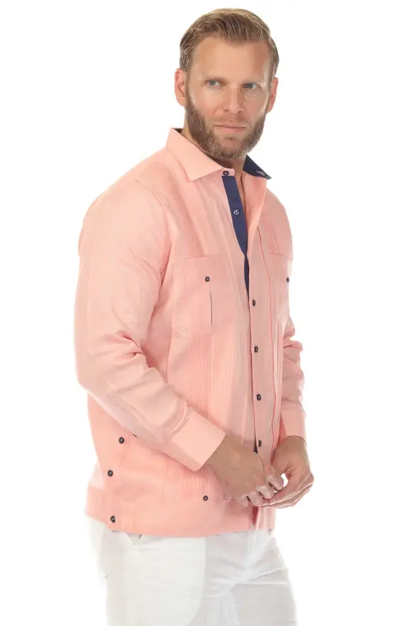 Thumbnail: Men's 100% Linen Two Pocket Fancy Guayabera with Contrast Pockets