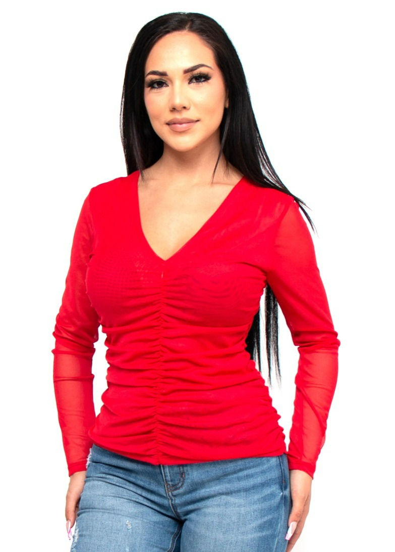 Thumbnail: Red V-Neck Long Sleeve Ruched Mesh Top