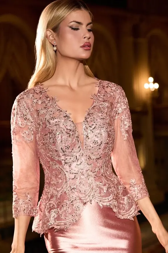 Thumbnail: - Lace Appliqué Peplum Fitted Evening Gown with Three-Quarter Sleeves -