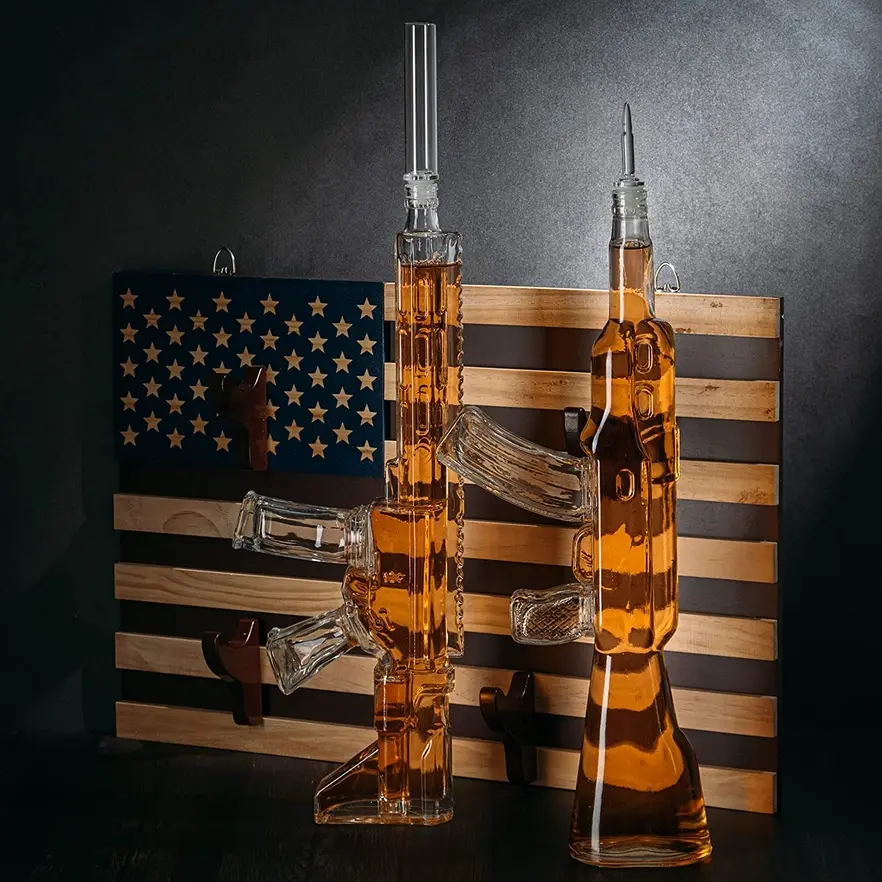 2 GUN WHISKEY AR15 & AK47 DECANTER SET w/FLAG WALL MOUNT
