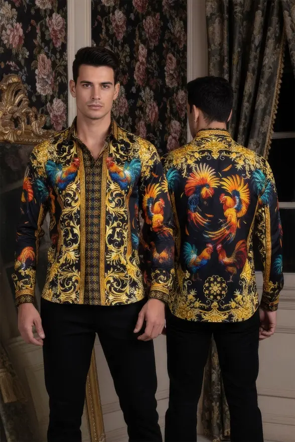 Thumbnail: Men's Rhinestones Print Long Sleeve Shirts