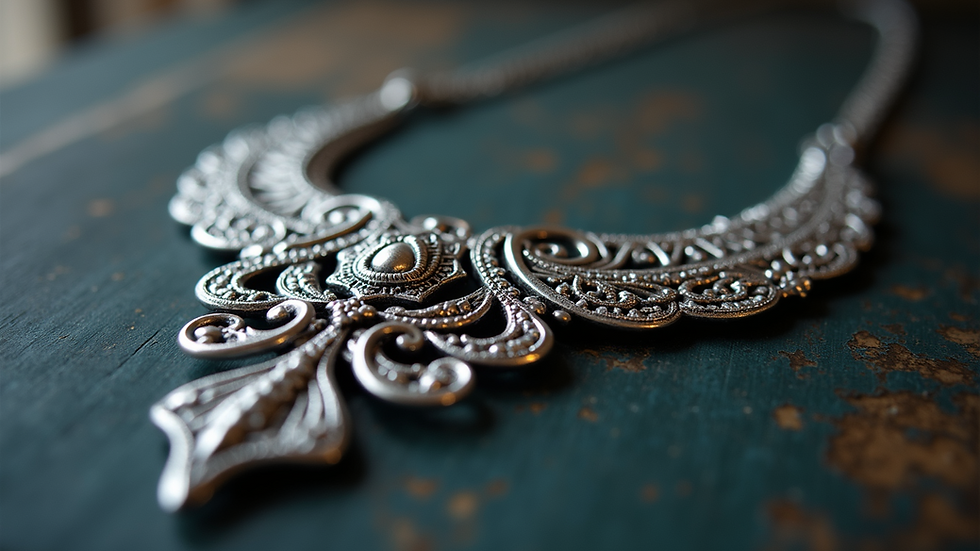 Close-up view of intricate silver filigree necklace