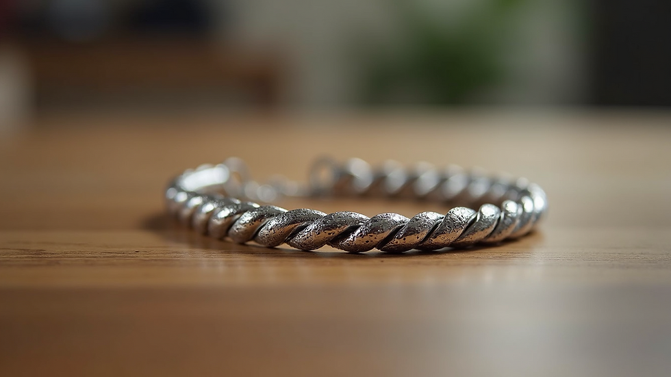 Close-up view of a silver bracelet on a wooden surface